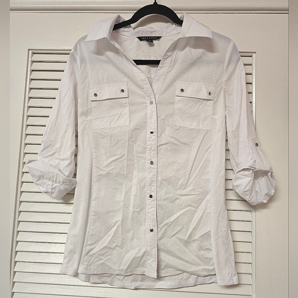 Zac & Rachel - White Lightweight Silver Button 3/4 Sleeves With Pockets